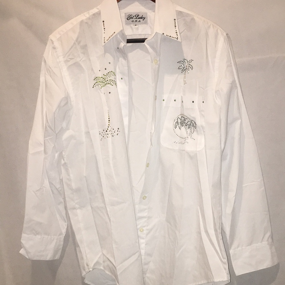 NWOT Get Lucky Long Sleeve White Shirt | Palm Tree Beaded Embellishments | S